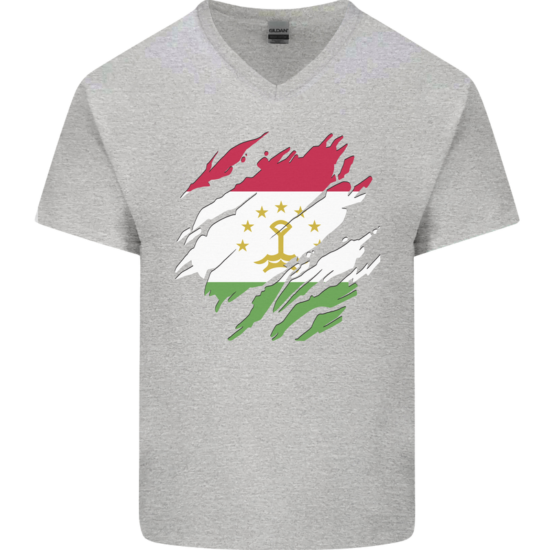 Torn Tajikistan Flag Tajik Day Football Mens V-Neck Cotton T-Shirt Sports Grey