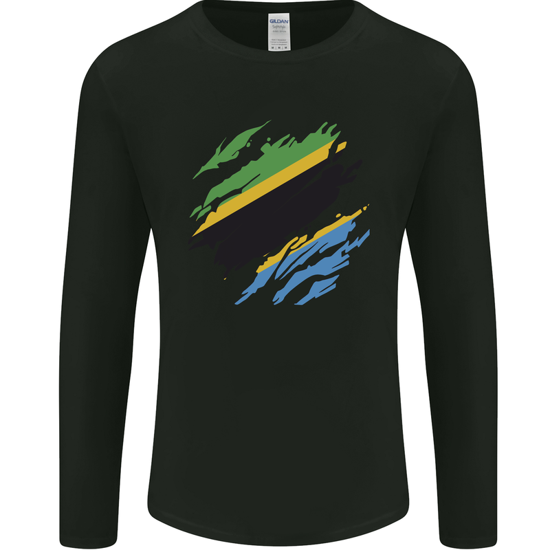 Torn Tanzania Flag Tanzanian Day Football Mens Long Sleeve T-Shirt Black
