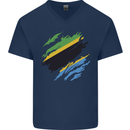 Torn Tanzania Flag Tanzanian Day Football Mens V-Neck Cotton T-Shirt Navy Blue