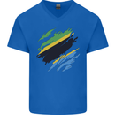 Torn Tanzania Flag Tanzanian Day Football Mens V-Neck Cotton T-Shirt Royal Blue