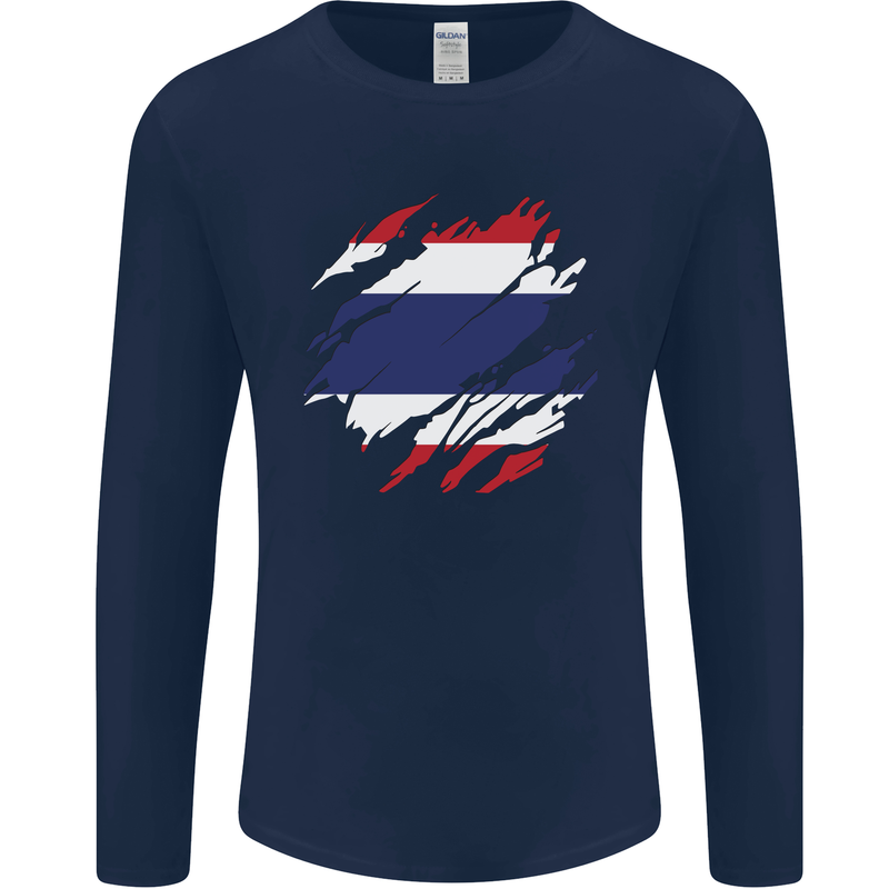 Torn Thailand Flag Thai Day Football Mens Long Sleeve T-Shirt Navy Blue