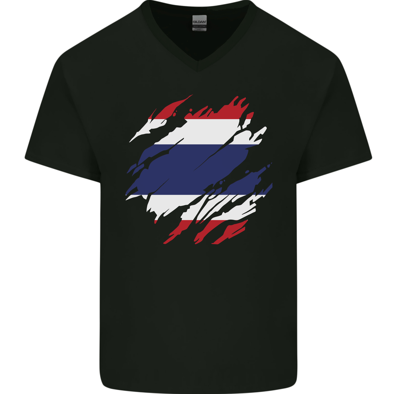 Torn Thailand Flag Thai Day Football Mens V-Neck Cotton T-Shirt Black
