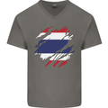 Torn Thailand Flag Thai Day Football Mens V-Neck Cotton T-Shirt Charcoal