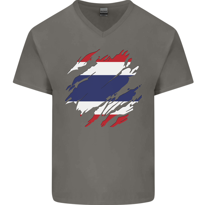 Torn Thailand Flag Thai Day Football Mens V-Neck Cotton T-Shirt Charcoal