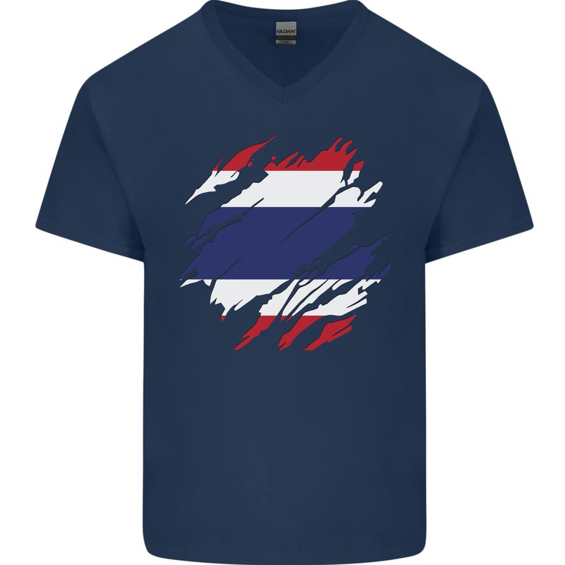 Torn Thailand Flag Thai Day Football Mens V-Neck Cotton T-Shirt Navy Blue