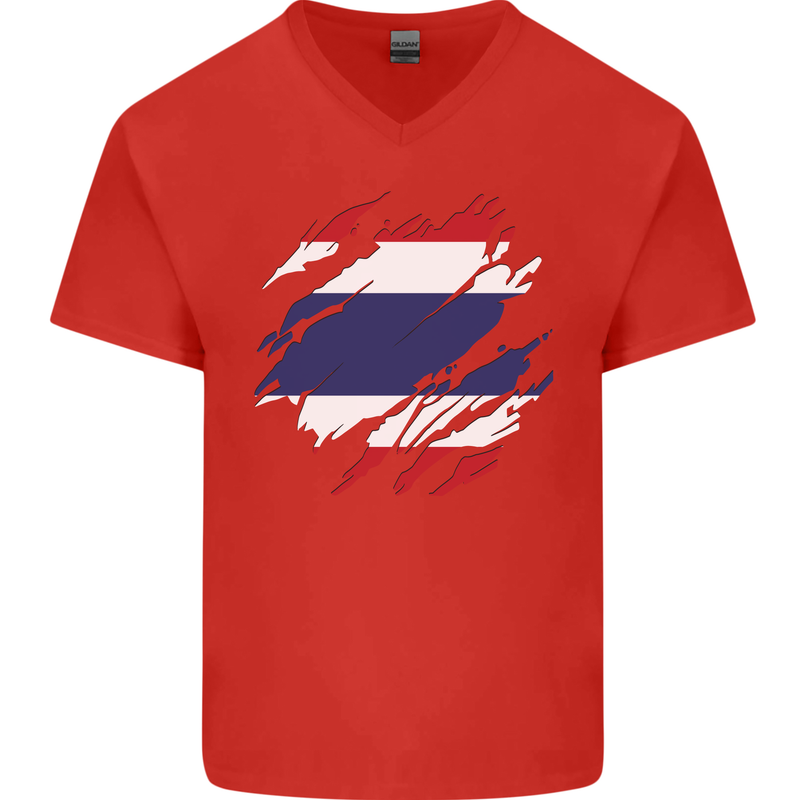 Torn Thailand Flag Thai Day Football Mens V-Neck Cotton T-Shirt Red