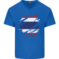 Torn Thailand Flag Thai Day Football Mens V-Neck Cotton T-Shirt Royal Blue