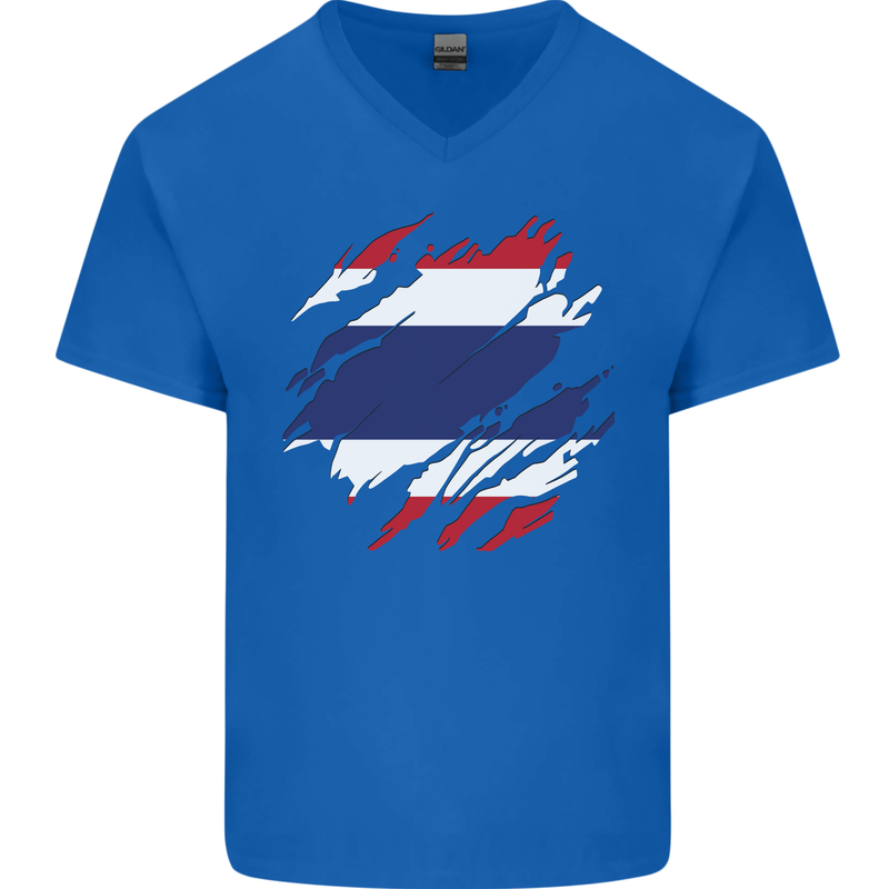 Torn Thailand Flag Thai Day Football Mens V-Neck Cotton T-Shirt Royal Blue