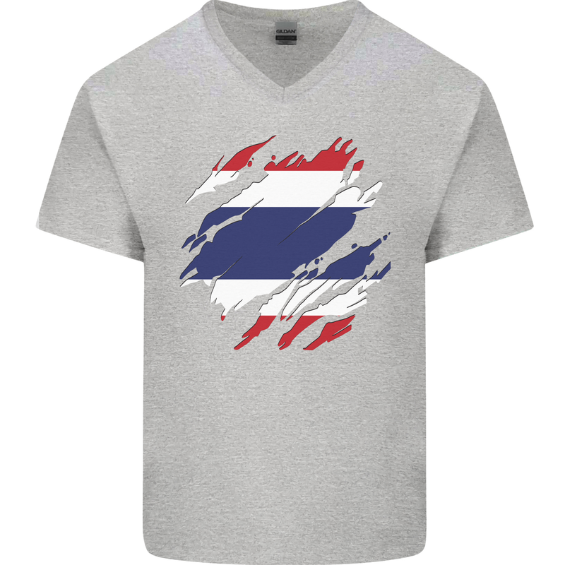 Torn Thailand Flag Thai Day Football Mens V-Neck Cotton T-Shirt Sports Grey