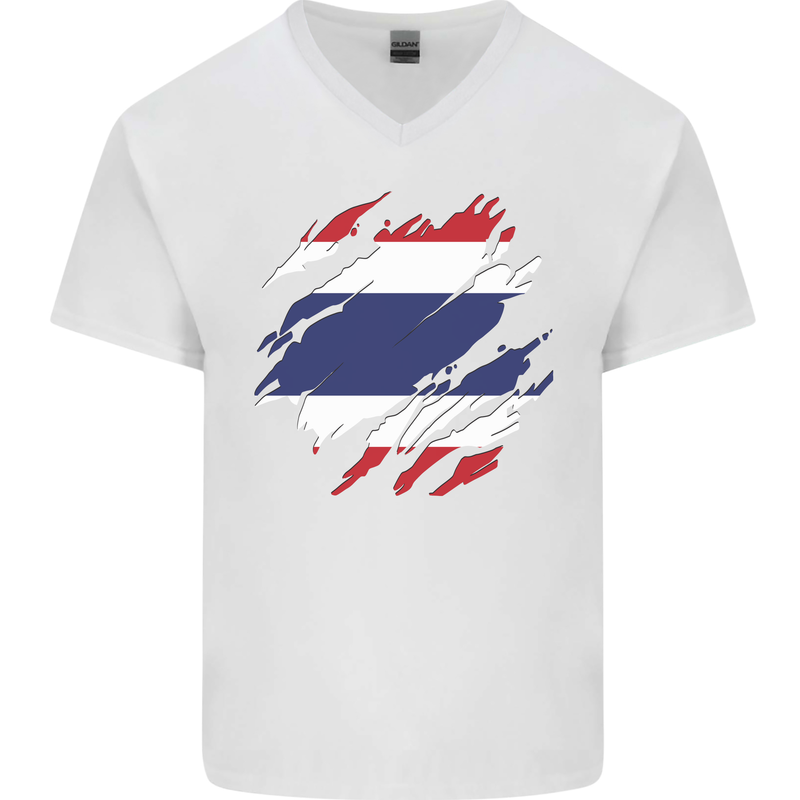 Torn Thailand Flag Thai Day Football Mens V-Neck Cotton T-Shirt White