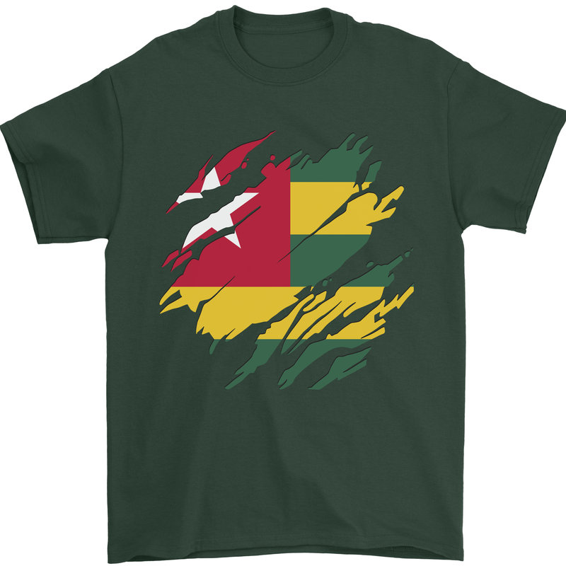 Torn Togo Flag Togolese Day Football Mens T-Shirt 100% Cotton Forest Green