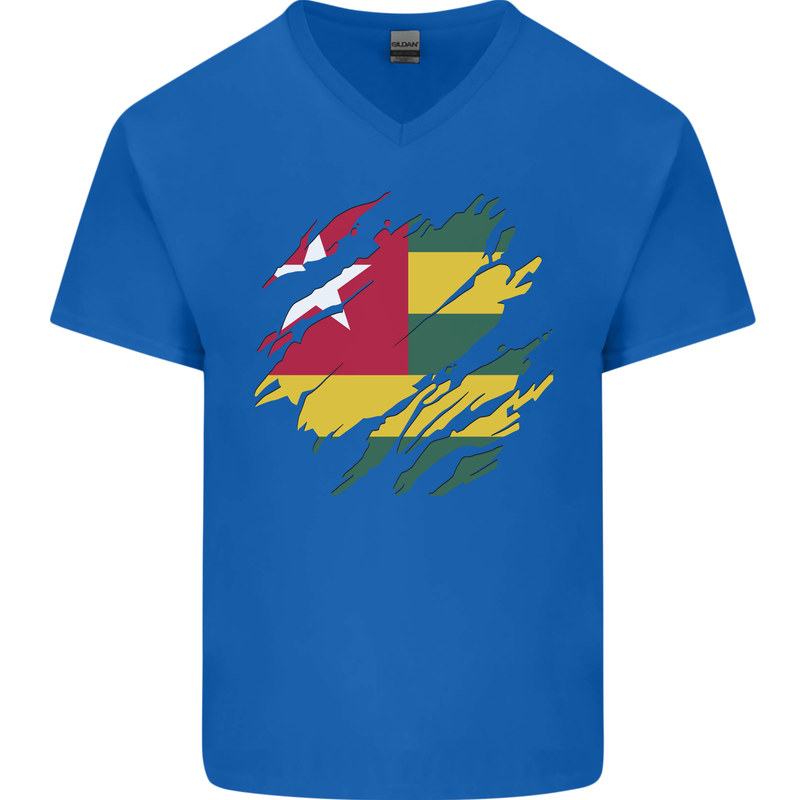 Torn Togo Flag Togolese Day Football Mens V-Neck Cotton T-Shirt Royal Blue