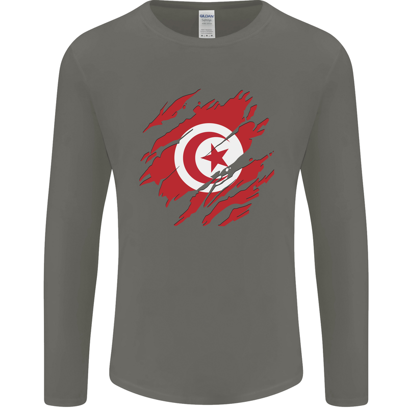 Torn Tunisia Flag Tunisian Day Football Mens Long Sleeve T-Shirt Charcoal