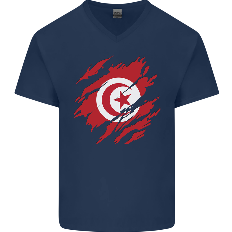 Torn Tunisia Flag Tunisian Day Football Mens V-Neck Cotton T-Shirt Navy Blue