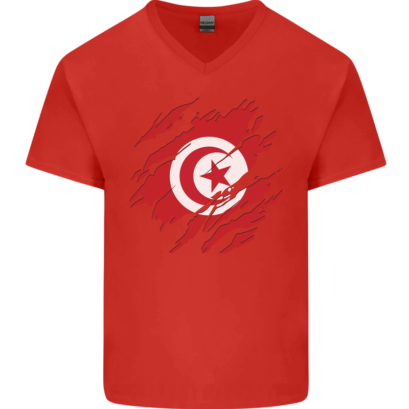 Torn Tunisia Flag Tunisian Day Football Mens V-Neck Cotton T-Shirt Red
