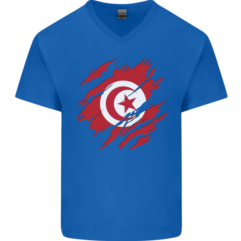 Torn Tunisia Flag Tunisian Day Football Mens V-Neck Cotton T-Shirt Royal Blue