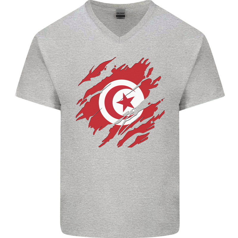 Torn Tunisia Flag Tunisian Day Football Mens V-Neck Cotton T-Shirt Sports Grey