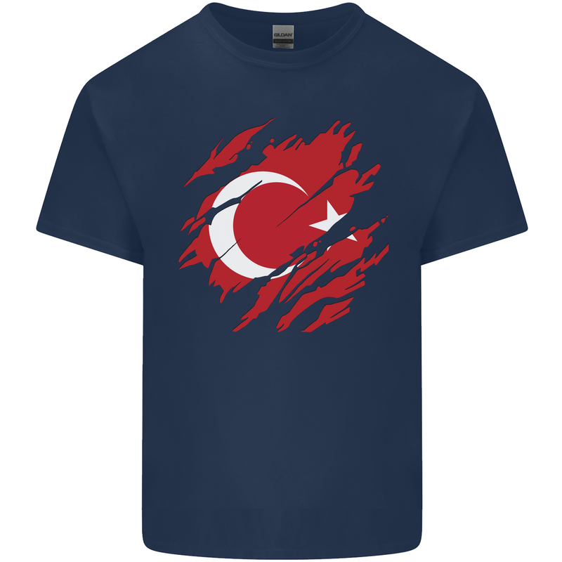 Torn Turkey Flag Turkish Day Football Mens Cotton T-Shirt Tee Top Navy Blue