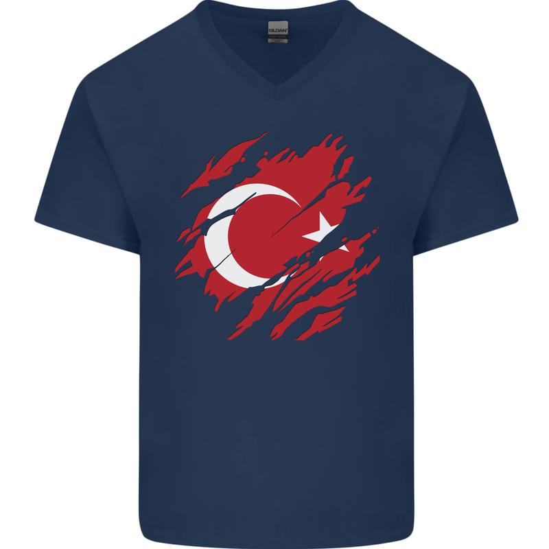 Torn Turkey Flag Turkish Day Football Mens V-Neck Cotton T-Shirt Navy Blue