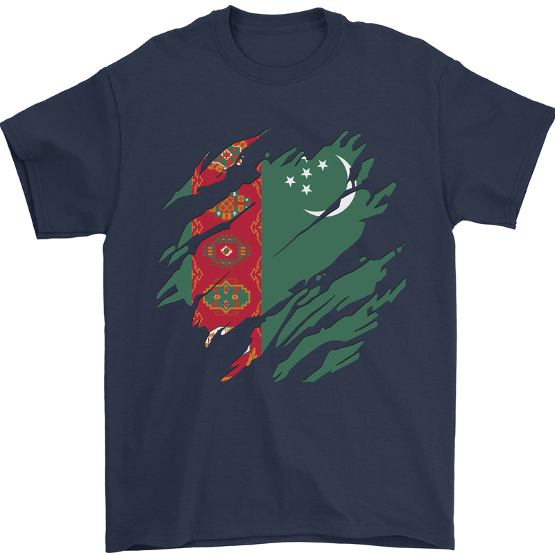 Torn Turkmenistan Flag The Turkmen Day Football Mens T-Shirt 100% Cotton Navy Blue