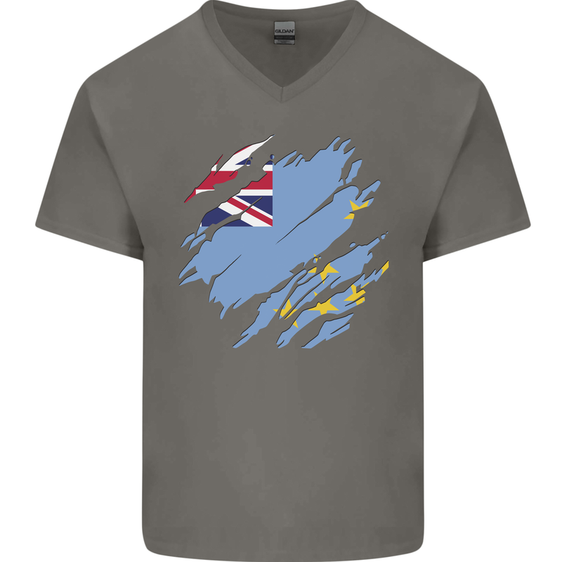 Torn Tuvalu Flag Tuvaluan Day Football Mens V-Neck Cotton T-Shirt Charcoal