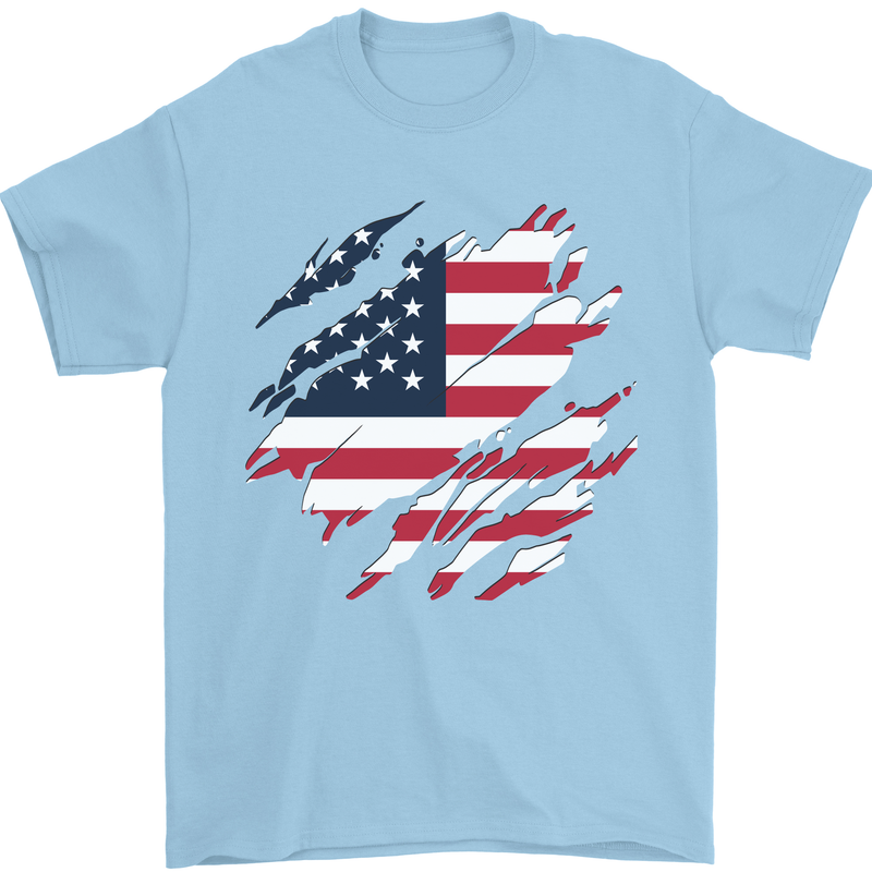 Torn USA Flag Independance Day Football Mens T-Shirt 100% Cotton Light Blue