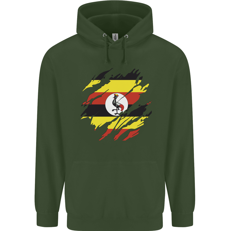 Torn Uganda Flag Ugandan Day Football Mens 80% Cotton Hoodie Forest Green