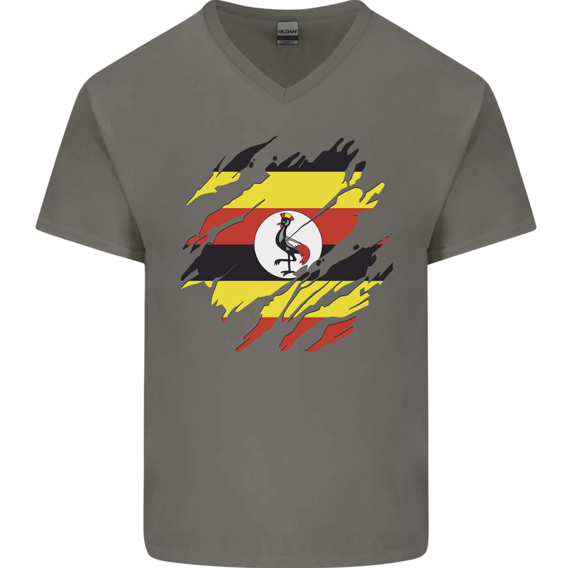 Torn Uganda Flag Ugandan Day Football Mens V-Neck Cotton T-Shirt Charcoal