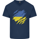Torn Ukraine Flag Ukrainian Day Football Mens V-Neck Cotton T-Shirt Navy Blue