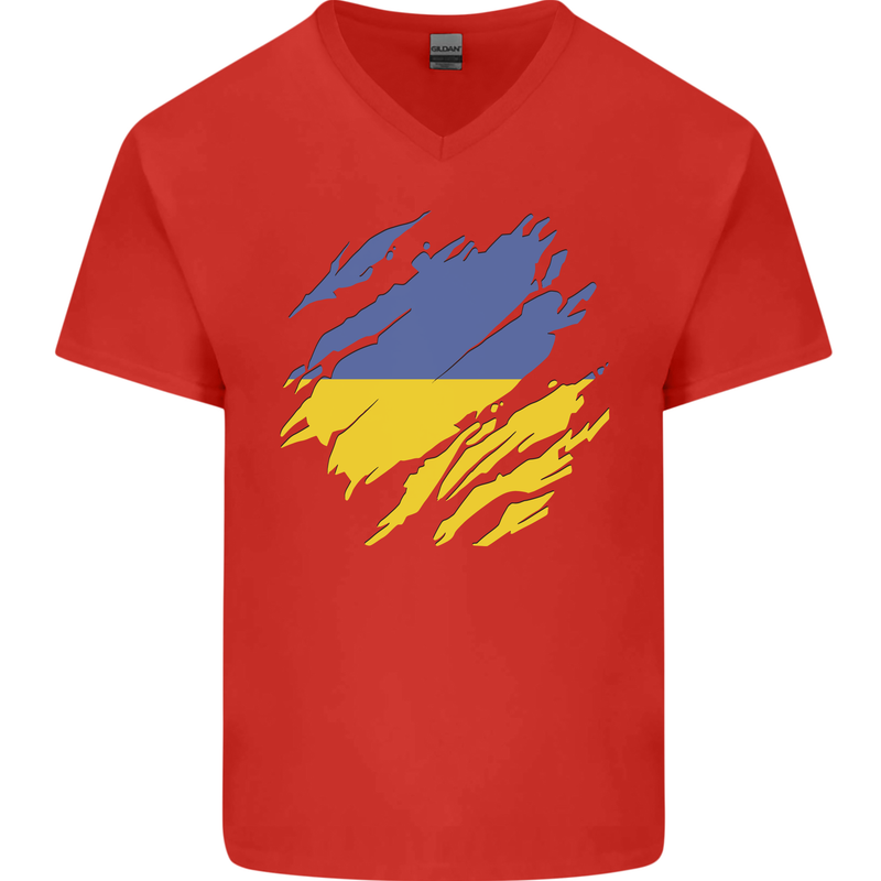 Torn Ukraine Flag Ukrainian Day Football Mens V-Neck Cotton T-Shirt Red