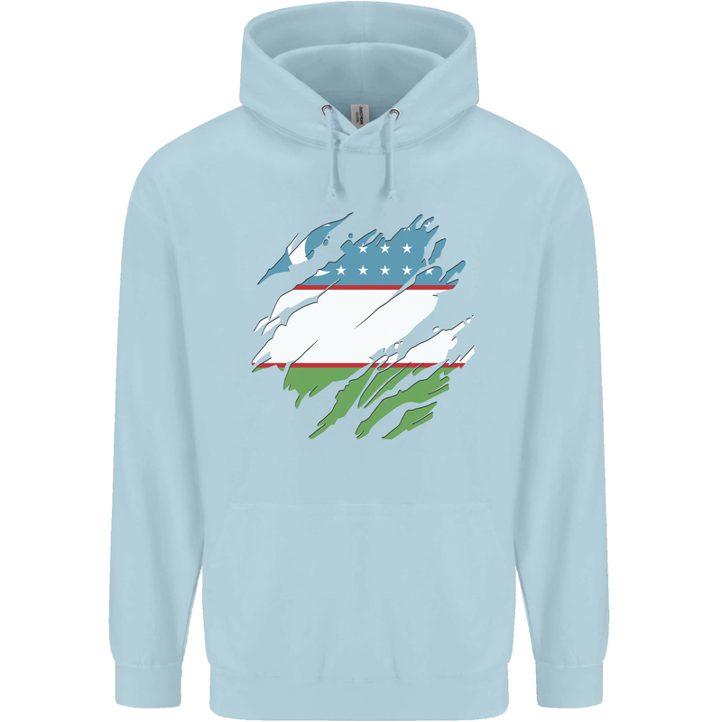 Torn Uzbekistan Flag Ukbek Day Football Mens 80% Cotton Hoodie Light Blue