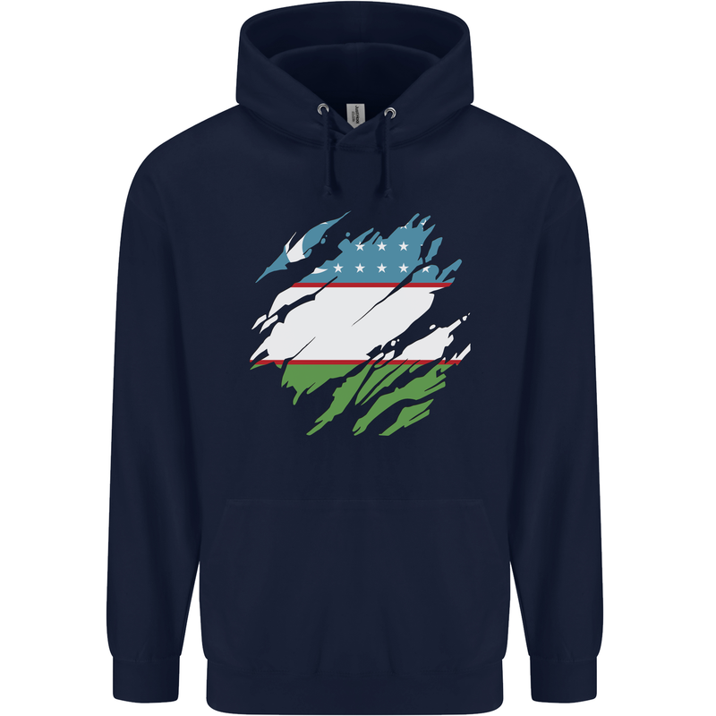 Torn Uzbekistan Flag Ukbek Day Football Mens 80% Cotton Hoodie Navy Blue