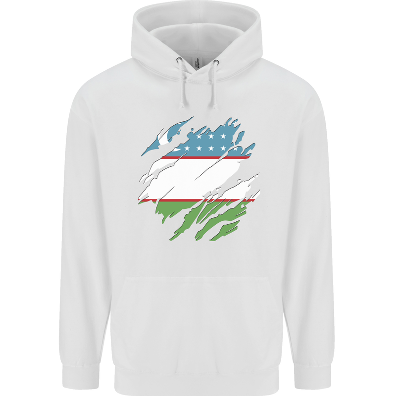 Torn Uzbekistan Flag Ukbek Day Football Mens 80% Cotton Hoodie White