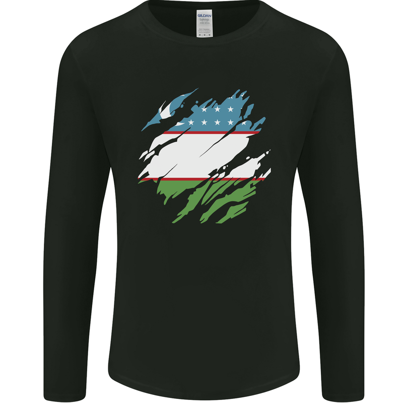 Torn Uzbekistan Flag Ukbek Day Football Mens Long Sleeve T-Shirt Black