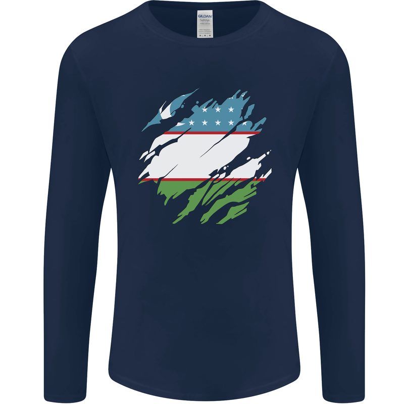 Torn Uzbekistan Flag Ukbek Day Football Mens Long Sleeve T-Shirt Navy Blue