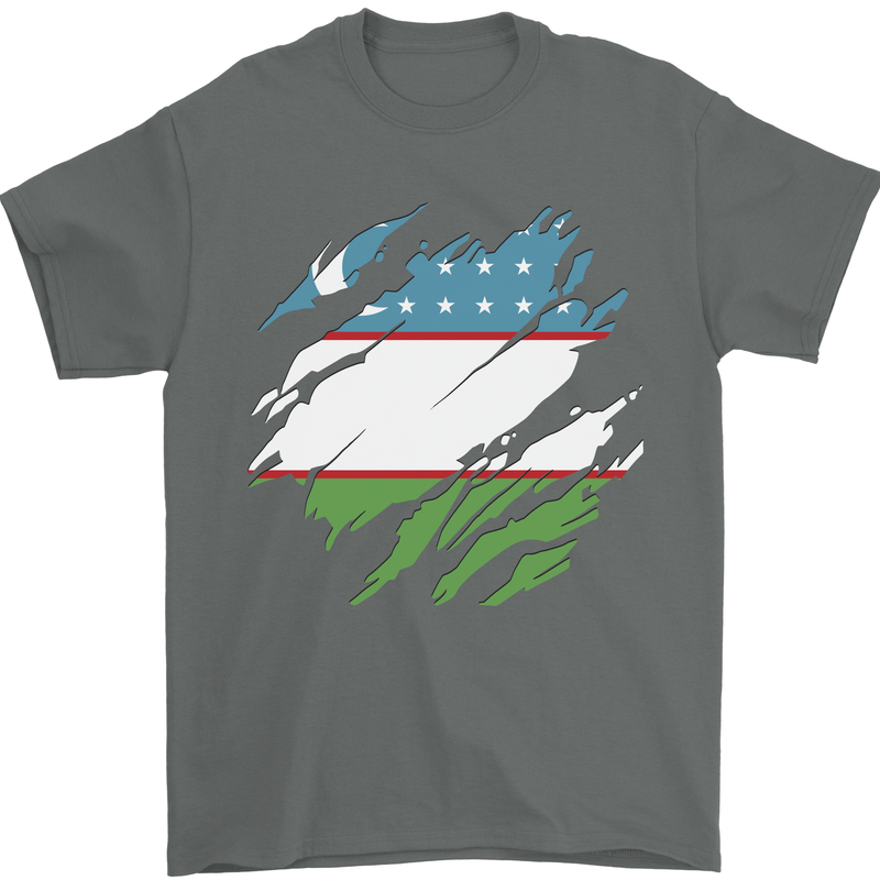 Torn Uzbekistan Flag Ukbek Day Football Mens T-Shirt 100% Cotton Charcoal