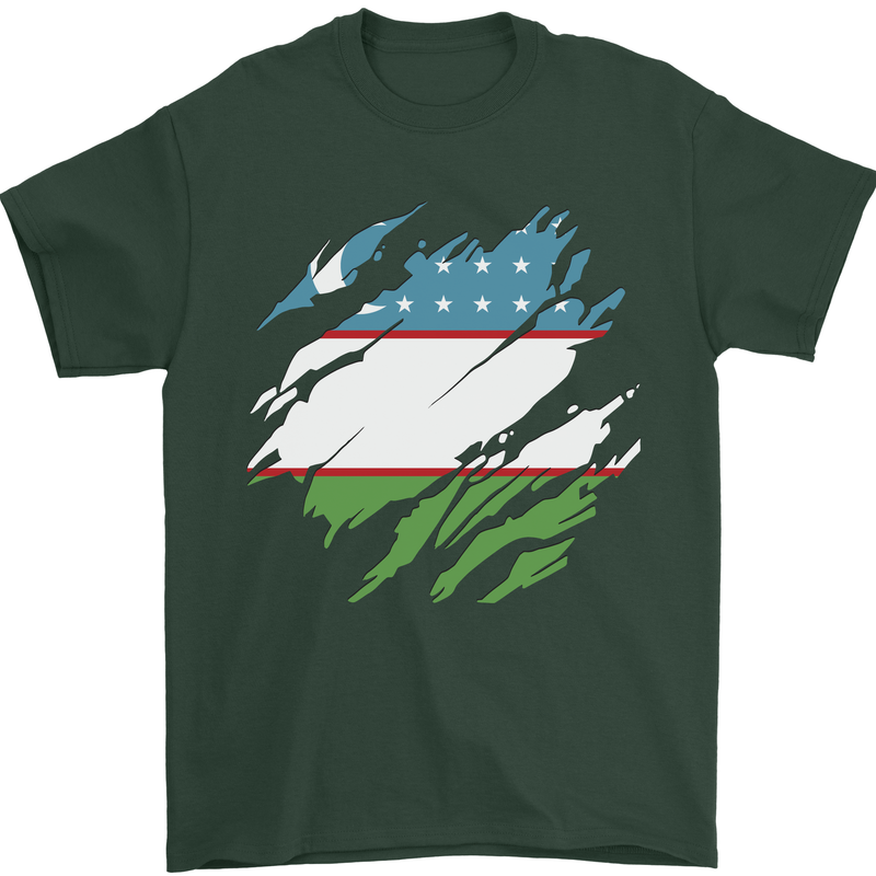 Torn Uzbekistan Flag Ukbek Day Football Mens T-Shirt 100% Cotton Forest Green