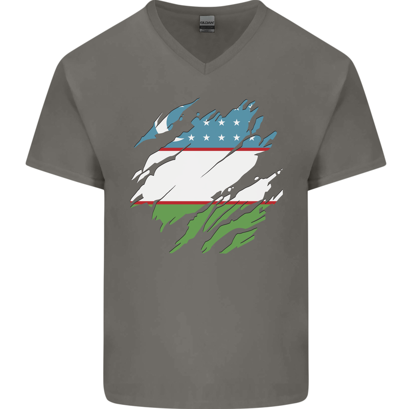Torn Uzbekistan Flag Ukbek Day Football Mens V-Neck Cotton T-Shirt Charcoal