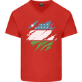 Torn Uzbekistan Flag Ukbek Day Football Mens V-Neck Cotton T-Shirt Red