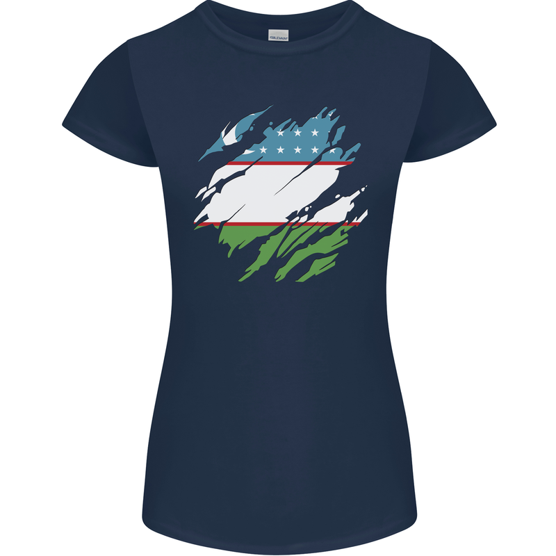 Torn Uzbekistan Flag Ukbek Day Football Womens Petite Cut T-Shirt Navy Blue