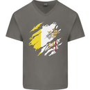 Torn Vatican Flag Day Mens V-Neck Cotton T-Shirt Charcoal
