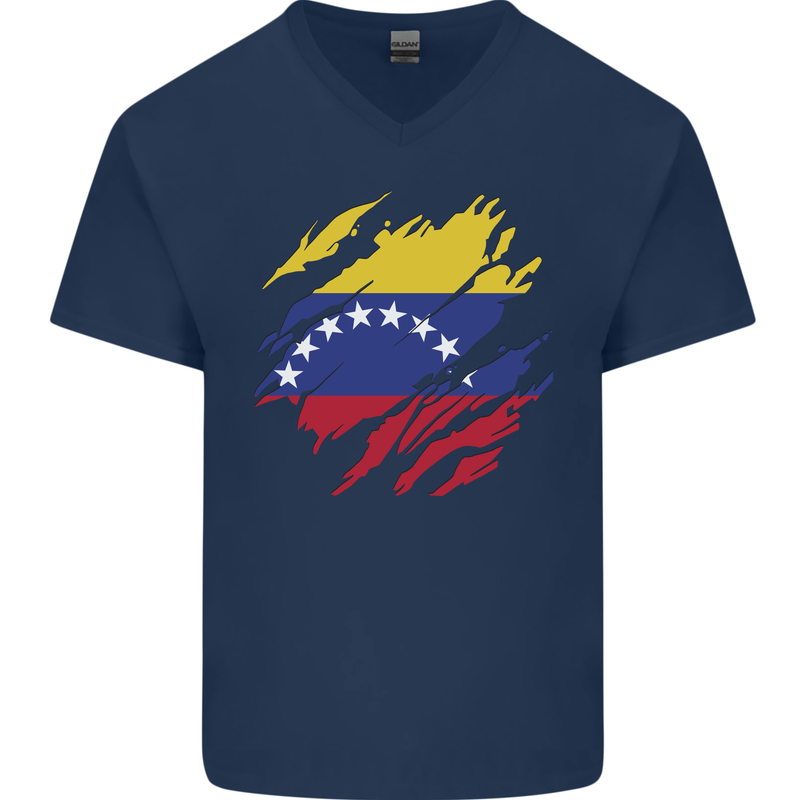 Torn Venezuela Flag Venezuelans Day Football Mens V-Neck Cotton T-Shirt Navy Blue