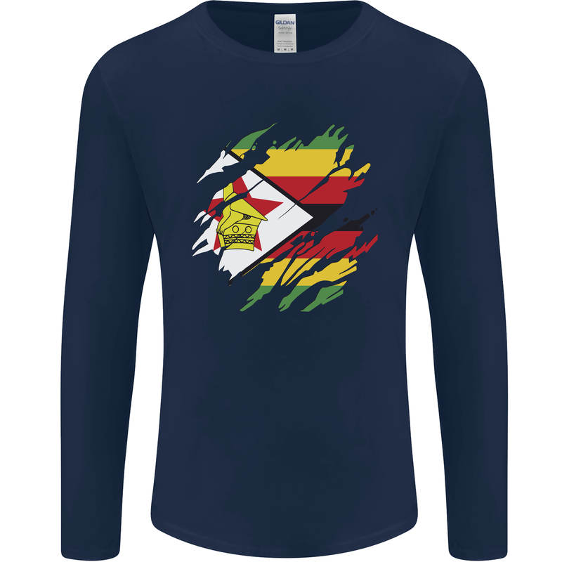 Torn Zimbabwe Flag Zimbabwean Day Football Mens Long Sleeve T-Shirt Navy Blue