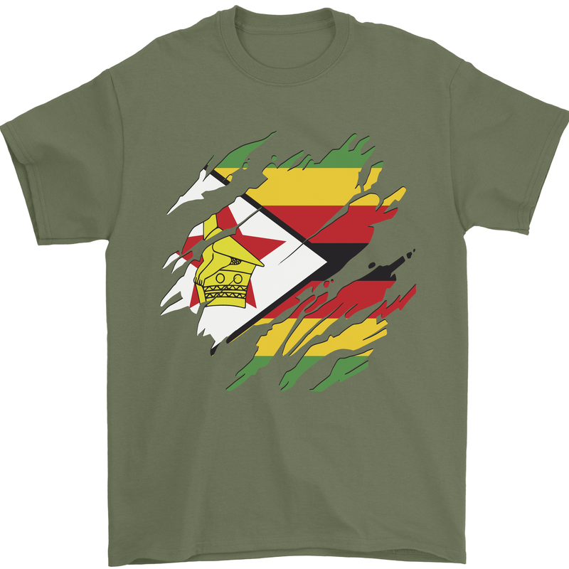 Torn Zimbabwe Flag Zimbabwean Day Football Mens T-Shirt 100% Cotton Military Green