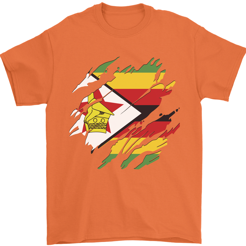 Torn Zimbabwe Flag Zimbabwean Day Football Mens T-Shirt 100% Cotton Orange