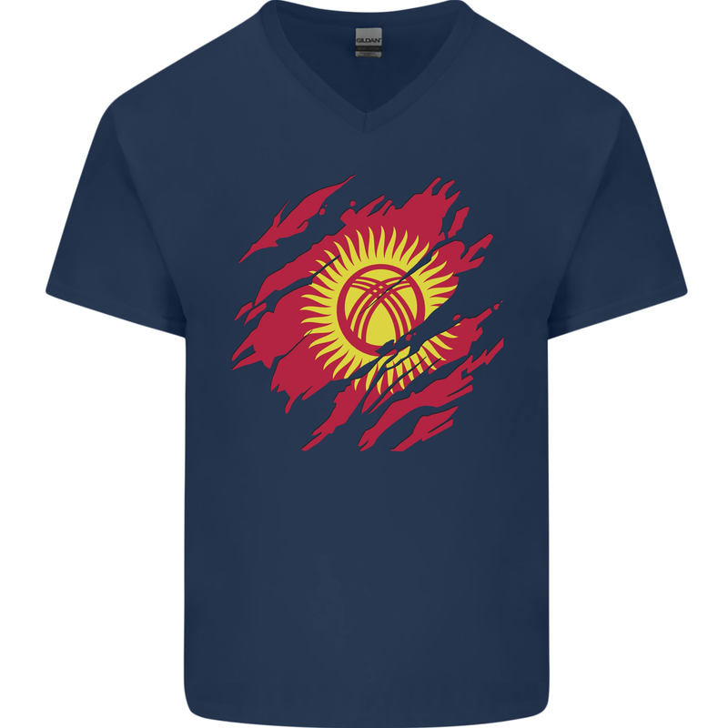 Torn  Kyrgyzstan Flag Kyrgyz Day Football Mens V-Neck Cotton T-Shirt Navy Blue