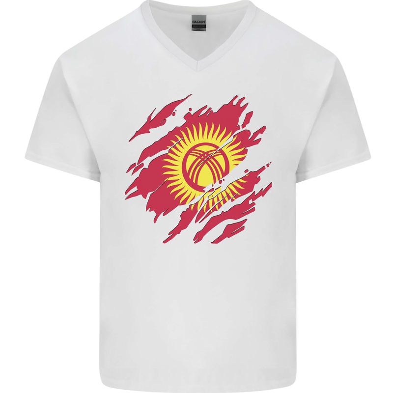 Torn  Kyrgyzstan Flag Kyrgyz Day Football Mens V-Neck Cotton T-Shirt White