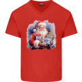 Traditional Santa Christmas Design Xmas Mens V-Neck Cotton T-Shirt Red
