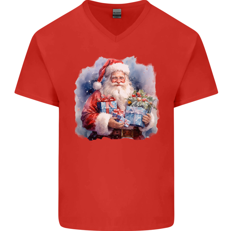 Traditional Santa Christmas Design Xmas Mens V-Neck Cotton T-Shirt Red