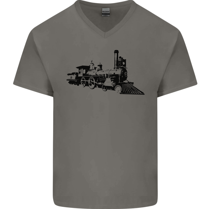 Trains Locomotive Steam Engine Trainspotting Mens V-Neck Cotton T-Shirt Charcoal